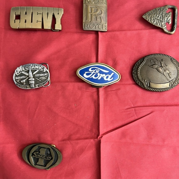 7 Solid Brass Automotive Vintage Belt Buckles CHEVY FORD ROLLS ROYCE